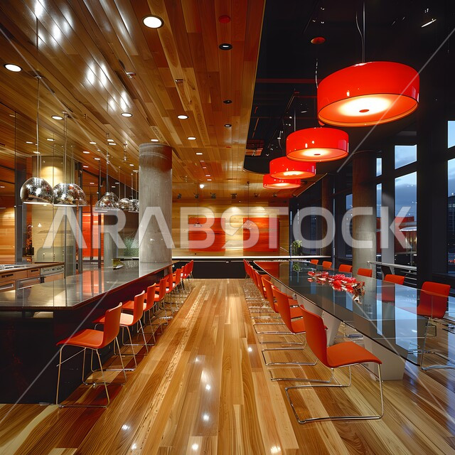 شقق وفلل سكنية مميزة، تصميم داخلي لمطبخ على الطراز الحديث, الديكورات العصرية للمطابخ الفاخرة في المملكة العربية السعودية، الأضواء المعلقة وتناسق الألوان, أثاث منزلي راقي