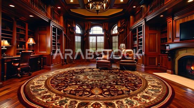 أماكن هادئة للمطالعة والقراءة, تصاميم عصرية حديثة للمكتبات في السعودية، الديكور الداخلي لصالة جلوس بأثاث أنيق ومريح، رفوف خشبية ممتلئة بالكتب والقصص والمجلدات المرتبة