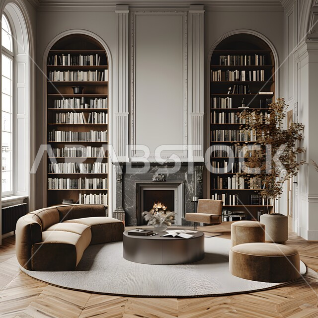 أماكن هادئة للمطالعة والقراءة, تصاميم عصرية حديثة للمكتبات في السعودية، الديكور الداخلي لصالة جلوس بأثاث أنيق ومريح، رفوف خشبية ممتلئة بالكتب والقصص والمجلدات المرتبة