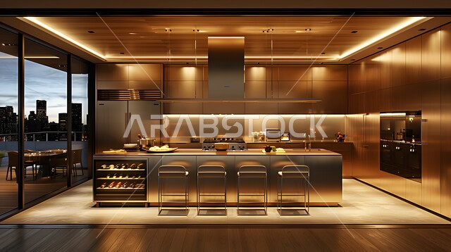 تصميم داخلي لمطبخ على الطراز الحديث, الديكورات العصرية للمطابخ الفاخرة في المملكة العربية السعودية، الأضواء المعلقة وتناسق الألوان, أثاث منزلي راقي، شقق وفلل سكنية مميزة