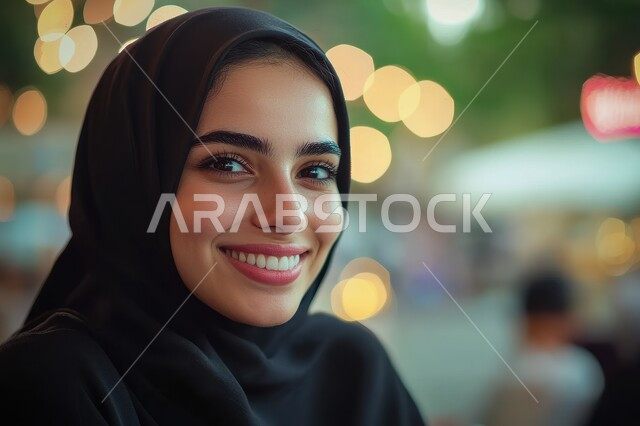 قضاء أوقات ممتعة في الخارج، النظر إلى الكاميرا بإيماءات السعادة والسرور، الاهتمام بالمظهر الخارجي، مفهوم الأنوثة والنعومة، صورة مقربة لامرأة عربية خليجية سعودية مبتسمة محجبة ترتدي عباءة سوداء، حجابات نسائية عصريه حديثه