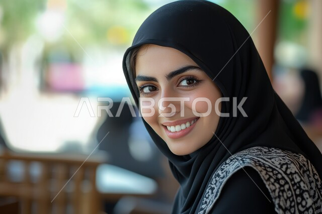 Caring about one's appearance, the concept of femininity and softness, a close-up of a smiling veiled Saudi Arabian Gulf woman wearing a black abaya, modern contemporary women's veils, having a good time outside, looking at the camera with gestures of happiness and pleasure