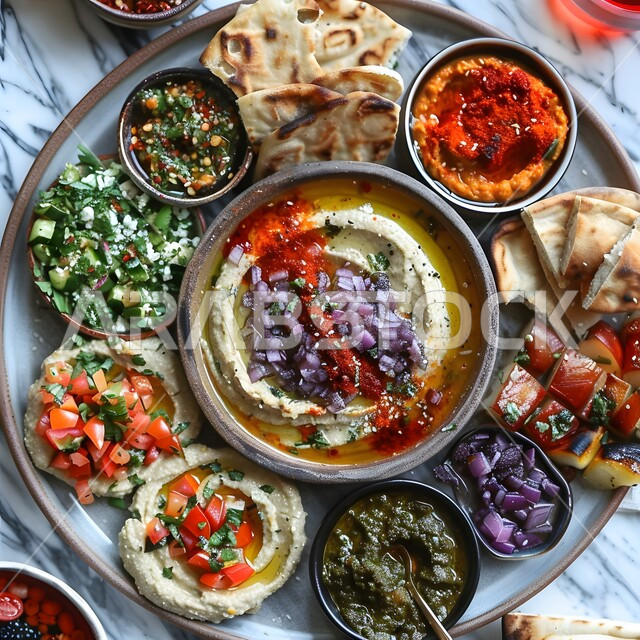 كريمة الحمص اللذيذة المزينة بالبهارات والخضروات، فطور عربي تقليدي، سلطة تبولة خضار غنية، تزيين الطعام بشكل فني، وصفات طعام شرقية سعودية، أطباق وأطعمة شعبية تقليدية، مقبلات نباتية باردة لذيذة