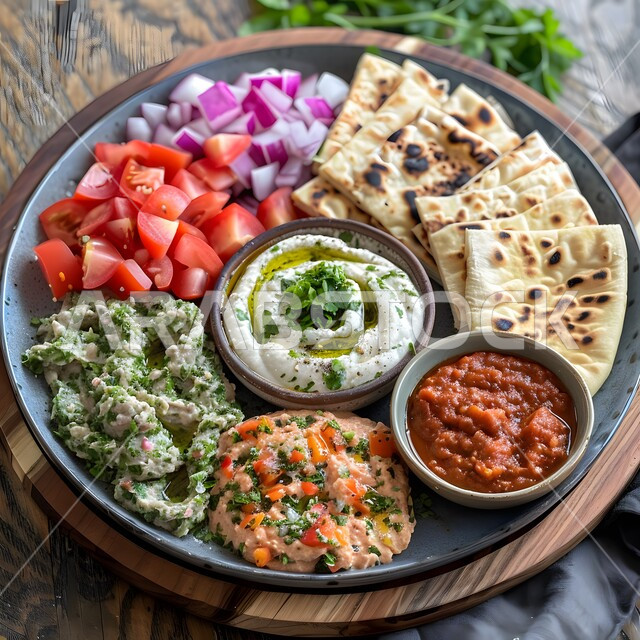 Delicious hummus cream decorated with spices and vegetables, traditional Arabic breakfast, rich vegetable tabbouleh salad, artistic food decoration, Saudi Arabian oriental food recipes, traditional popular dishes and foods, delicious cold vegetarian appetizers