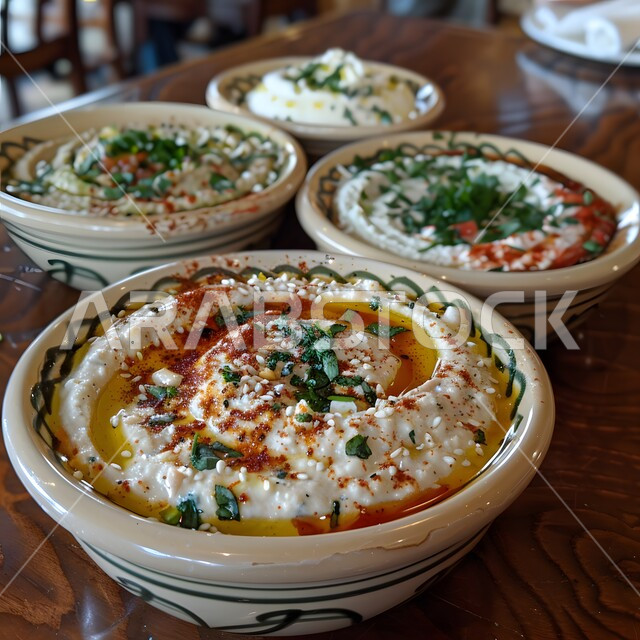 كريمة الحمص اللذيذة المزينة بالبهارات والخضروات، فطور عربي تقليدي، سلطة تبولة خضار غنية، تزيين الطعام بشكل فني، وصفات طعام شرقية سعودية، أطباق وأطعمة شعبية تقليدية، مقبلات نباتية باردة لذيذة