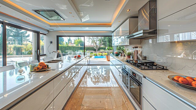 Interior design for a modern style kitchen, modern decorations for luxury kitchens in the Kingdom of Saudi Arabia, hanging lights and color consistency, sophisticated home furniture, distinctive apartments and villas