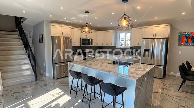 الديكورات العصرية للمطابخ الفاخرة في المملكة العربية السعودية، الأضواء المعلقة وتناسق الألوان, أثاث منزلي راقي، شقق وفلل سكنية مميزة، تصميم داخلي لمطبخ على الطراز الحديث