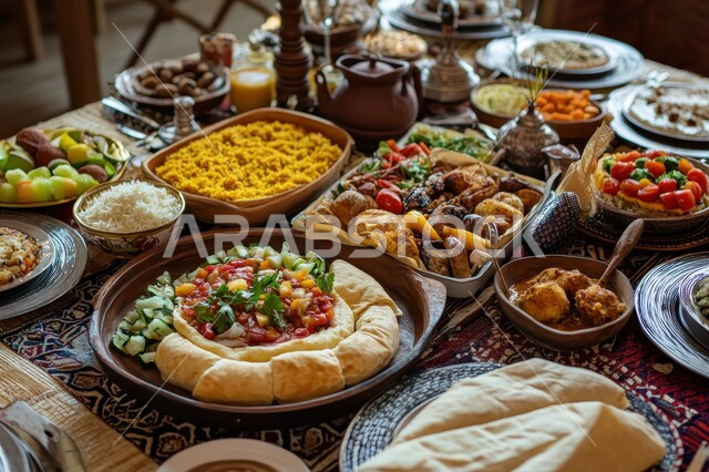 الوجبات والأطباق الرئيسية على مائدة الطعام، مطاعم ومطابخ المملكة العربية السعودية، أنواع الأطعمة الشرقية العربية في موائد رمضان المبارك، حلول موعد الإفطار عند اذان المغرب، سفرة مليئة بأصناف المأكولات والمقبلات الشهية