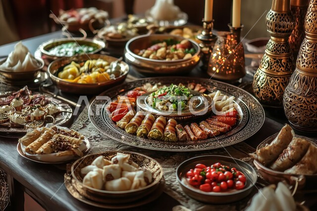 حلول موعد الإفطار عند اذان المغرب، سفرة مليئة بأصناف المأكولات والمقبلات الشهية، الوجبات والأطباق الرئيسية على مائدة الطعام، مطاعم ومطابخ المملكة العربية السعودية، أنواع الأطعمة الشرقية العربية في موائد رمضان المبارك