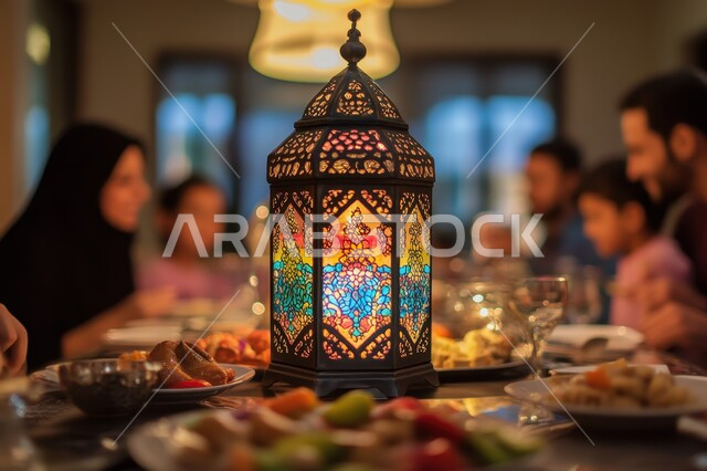 مائدة مليئة بأصناف الطعام المختلفة, الاجتماع حول سفرة الافطار,مفهوم الضيافة العربية، حسن استقبال الضيوف والزوار، الاحتفال بالمناسبات الاسلامية ، الكرم وتقديم أشهى المأكولات والحلويات، طاولة رمضانية مزينة بالفوانيس المضيئة، طقوس وزينة شهر رمضان المبارك