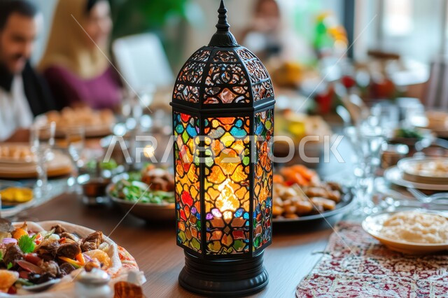  طقوس وزينة شهر رمضان المبارك, مائدة مليئة بأصناف الطعام المختلفة, الاجتماع حول سفرة الافطار,مفهوم الضيافة العربية، حسن استقبال الضيوف والزوار، الاحتفال بالمناسبات الاسلامية ، الكرم وتقديم أشهى المأكولات والحلويات، طاولة رمضانية مزينة بالفوانيس المضيئة