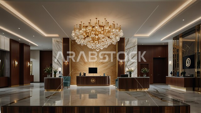 الديكور الراقي على الطراز الحديث, مدخل استقبال وردهة بتصميم فخم في إحدى الفنادق, التصاميم والديكورات الداخلية الراقية للمنتجعات الفاخرة في المملكة العربية السعودية, الإضاءة والأنوار المتميزة