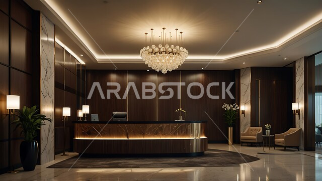 الإضاءة والأنوار المتميزة, الديكور الراقي على الطراز الحديث, مدخل استقبال وردهة بتصميم فخم في إحدى الفنادق, التصاميم والديكورات الداخلية الراقية للمنتجعات الفاخرة في المملكة العربية السعودية