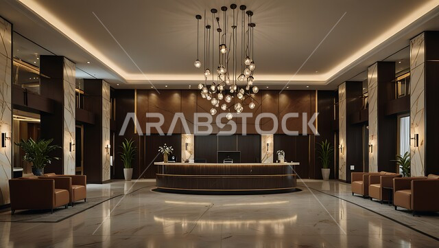 التصاميم والديكورات الداخلية الراقية للمنتجعات الفاخرة في المملكة العربية السعودية، الإضاءة والأنوار المتميزة, الديكور الراقي على الطراز الحديث, مدخل استقبال وردهة بتصميم فخم في إحدى الفنادق