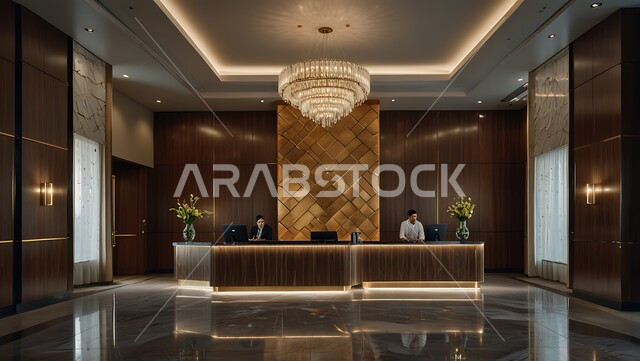 مدخل استقبال وردهة بتصميم فخم في إحدى الفنادق، التصاميم والديكورات الداخلية الراقية للمنتجعات الفاخرة في المملكة العربية السعودية، الإضاءة والأنوار المتميزة, الديكور الراقي على الطراز الحديث