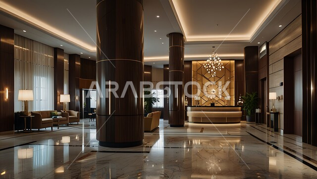 الإضاءة والأنوار المتميزة, الديكور الراقي على الطراز الحديث, مدخل استقبال وردهة بتصميم فخم في إحدى الفنادق, التصاميم والديكورات الداخلية الراقية للمنتجعات الفاخرة في المملكة العربية السعودية