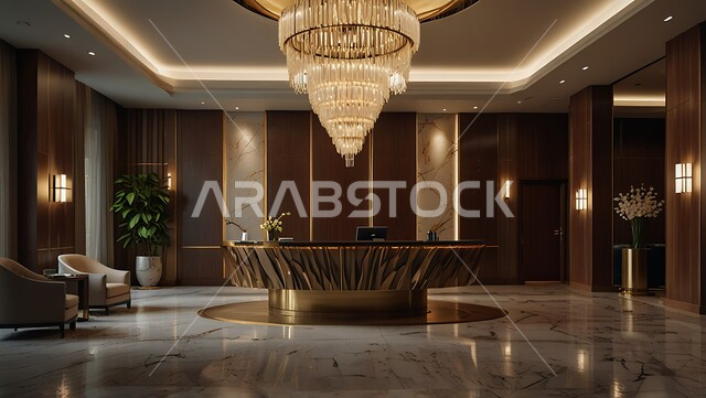 التصاميم والديكورات الداخلية الراقية للمنتجعات الفاخرة في المملكة العربية السعودية، الإضاءة والأنوار المتميزة, الديكور الراقي على الطراز الحديث, مدخل استقبال وردهة بتصميم فخم في إحدى الفنادق
