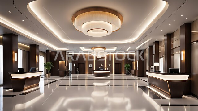 التصاميم والديكورات الداخلية الراقية للمنتجعات الفاخرة في المملكة العربية السعودية، الإضاءة والأنوار المتميزة, الديكور الراقي على الطراز الحديث, مدخل استقبال وردهة بتصميم فخم في إحدى الفنادق