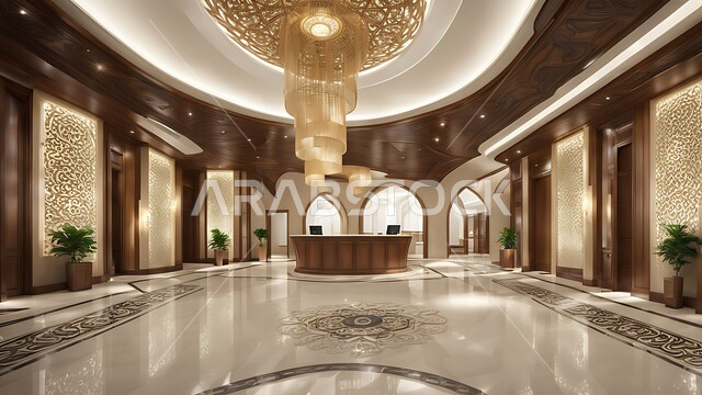 مدخل استقبال وردهة بتصميم فخم في إحدى الفنادق، التصاميم والديكورات الداخلية الراقية للمنتجعات الفاخرة في المملكة العربية السعودية، الإضاءة والأنوار المتميزة, الديكور الراقي على الطراز الحديث