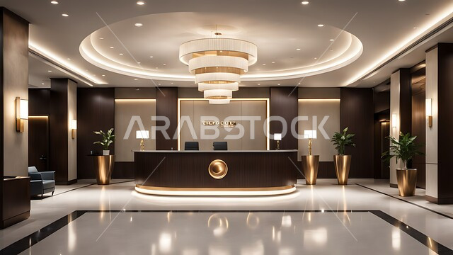 Modern luxury decor, luxury hotel reception and lobby entrance, luxury resort interior designs and decorations in Saudi Arabia, distinctive lighting and lights