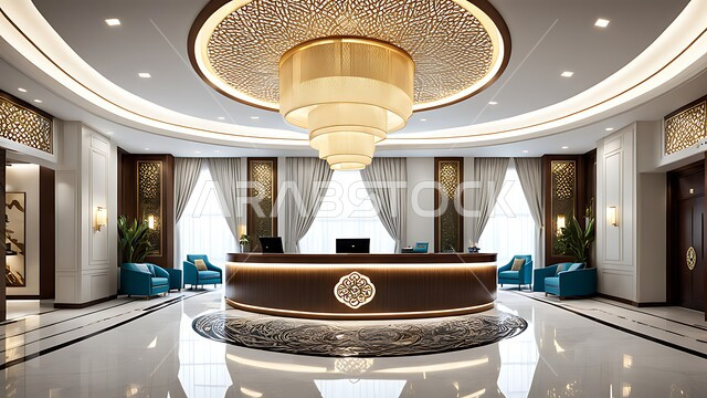 الإضاءة والأنوار المتميزة, الديكور الراقي على الطراز الحديث, مدخل استقبال وردهة بتصميم فخم في إحدى الفنادق, التصاميم والديكورات الداخلية الراقية للمنتجعات الفاخرة في المملكة العربية السعودية