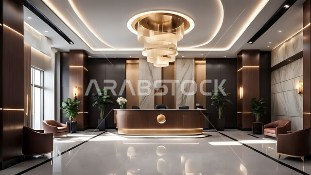 مدخل استقبال وردهة بتصميم فخم في إحدى الفنادق، التصاميم والديكورات الداخلية الراقية للمنتجعات الفاخرة في المملكة العربية السعودية، الإضاءة والأنوار المتميزة, الديكور الراقي على الطراز الحديث