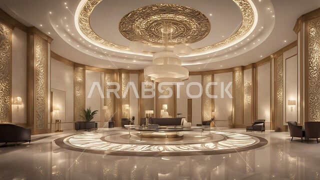 مدخل استقبال وردهة بتصميم فخم في إحدى الفنادق، التصاميم والديكورات الداخلية الراقية للمنتجعات الفاخرة في المملكة العربية السعودية، الإضاءة والأنوار المتميزة, الديكور الراقي على الطراز الحديث