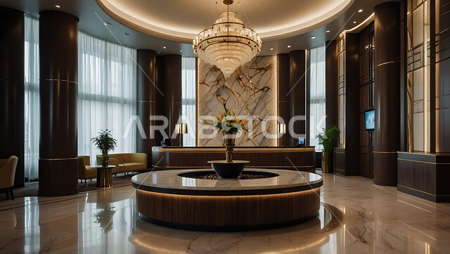 الديكور الراقي على الطراز الحديث, غرفة استقبال وردهة  بديكورات داخلية راقية في إحدى الفنادق, التصاميم الفخمة للمنتجعات الفاخرة في المملكة العربية السعودية, الأنوار و الإضاءة المتميزة