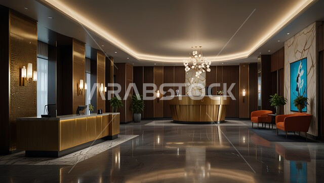 الأنوار و الإضاءة المتميزة, الديكور الراقي على الطراز الحديث, غرفة استقبال وردهة  بديكورات داخلية راقية في إحدى الفنادق, التصاميم الفخمة للمنتجعات الفاخرة في المملكة العربية السعودية