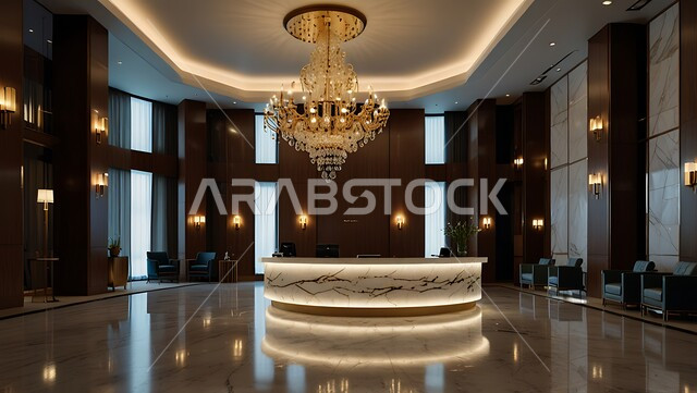 Luxury designs for luxury resorts in Saudi Arabia, distinctive lighting and lights, elegant modern style decor, reception room and lobby with elegant interior decorations in a hotel