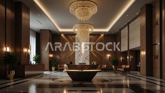غرفة استقبال وردهة  بديكورات داخلية راقية في إحدى الفنادق، التصاميم الفخمة للمنتجعات الفاخرة في المملكة العربية السعودية، الإضاءة والأنوار المتميزة, الديكور الراقي على الطراز الحديث