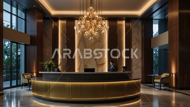الأنوار و الإضاءة المتميزة, الديكور الراقي على الطراز الحديث, غرفة استقبال وردهة  بديكورات داخلية راقية في إحدى الفنادق, التصاميم الفخمة للمنتجعات الفاخرة في المملكة العربية السعودية