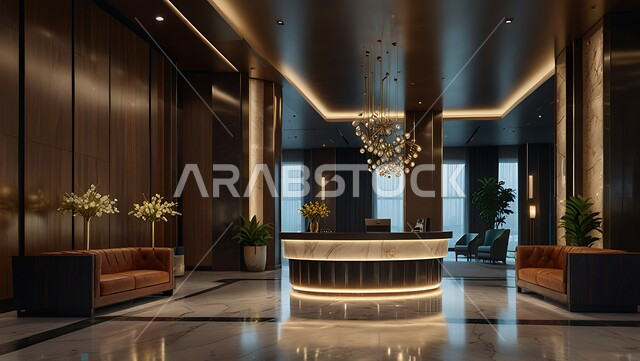 التصاميم الفخمة للمنتجعات الفاخرة في المملكة العربية السعودية، الإضاءة والأنوار المتميزة, الديكور الراقي على الطراز الحديث, غرفة استقبال وردهة  بديكورات داخلية راقية في إحدى الفنادق