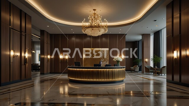 الديكور الراقي على الطراز الحديث, غرفة استقبال وردهة  بديكورات داخلية راقية في إحدى الفنادق, التصاميم الفخمة للمنتجعات الفاخرة في المملكة العربية السعودية, الأنوار و الإضاءة المتميزة