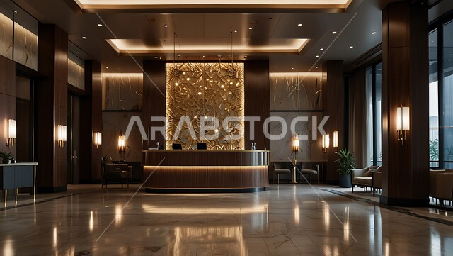 التصاميم الفخمة للمنتجعات الفاخرة في المملكة العربية السعودية، الإضاءة والأنوار المتميزة, الديكور الراقي على الطراز الحديث, غرفة استقبال وردهة  بديكورات داخلية راقية في إحدى الفنادق