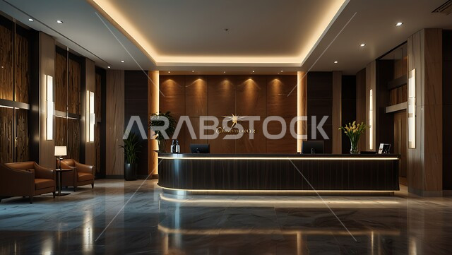 غرفة استقبال وردهة  بديكورات داخلية راقية في إحدى الفنادق، التصاميم الفخمة للمنتجعات الفاخرة في المملكة العربية السعودية، الإضاءة والأنوار المتميزة, الديكور الراقي على الطراز الحديث
