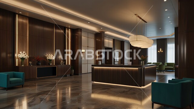 الأنوار و الإضاءة المتميزة, الديكور الراقي على الطراز الحديث, غرفة استقبال وردهة  بديكورات داخلية راقية في إحدى الفنادق, التصاميم الفخمة للمنتجعات الفاخرة في المملكة العربية السعودية