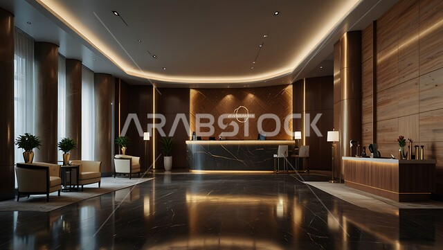 التصاميم الفخمة للمنتجعات الفاخرة في المملكة العربية السعودية، الإضاءة والأنوار المتميزة, الديكور الراقي على الطراز الحديث, غرفة استقبال وردهة  بديكورات داخلية راقية في إحدى الفنادق