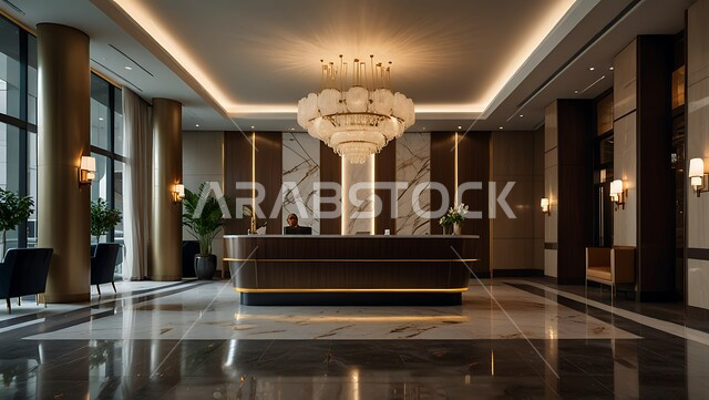 غرفة استقبال وردهة  بديكورات داخلية راقية في إحدى الفنادق، التصاميم الفخمة للمنتجعات الفاخرة في المملكة العربية السعودية، الإضاءة والأنوار المتميزة, الديكور الراقي على الطراز الحديث