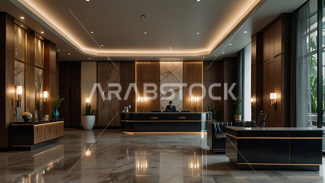 الديكور الراقي على الطراز الحديث, غرفة استقبال وردهة  بديكورات داخلية راقية في إحدى الفنادق, التصاميم الفخمة للمنتجعات الفاخرة في المملكة العربية السعودية, الأنوار و الإضاءة المتميزة