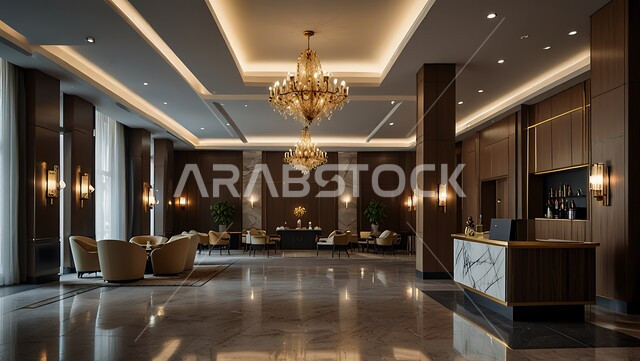 التصاميم الفخمة للمنتجعات الفاخرة في المملكة العربية السعودية، الإضاءة والأنوار المتميزة, الديكور الراقي على الطراز الحديث, غرفة استقبال وردهة  بديكورات داخلية راقية في إحدى الفنادق