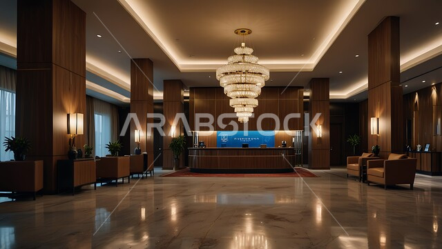 غرفة استقبال وردهة  بديكورات داخلية راقية في إحدى الفنادق، التصاميم الفخمة للمنتجعات الفاخرة في المملكة العربية السعودية، الإضاءة والأنوار المتميزة, الديكور الراقي على الطراز الحديث