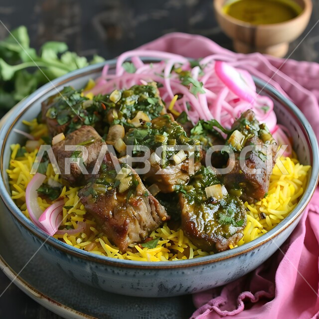 طبق من أرز البرياني اللذيذ مع قطع لحم الضأن المزين بشرائح البصل وصلصة الكزبرة، وصفات وأطباق طعام لذيذة صحية، أكلات شعبية عربية خليجية سعودية، فنون تقديم الطعام في مطاعم المأكولات التقليدية الشرقية