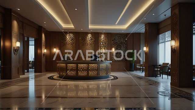 الإنارة و الأضواء المتميزة, الديكور الراقي على الطراز الحديث, ردهة و مدخل استقبال بتصميم فاخر في إحدى الفنادق, الديكورات الداخلية و التصاميم الراقية للمنتجعات الفاخرة في المملكة العربية السعودية