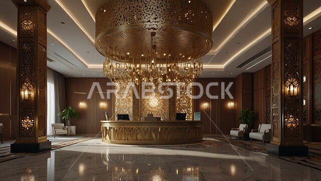 الديكورات الداخلية و التصاميم الراقية للمنتجعات الفاخرة في المملكة العربية السعودية، الإنارة و الأضواء المتميزة, الديكور الراقي على الطراز الحديث, ردهة و مدخل استقبال بتصميم فاخر في إحدى الفنادق