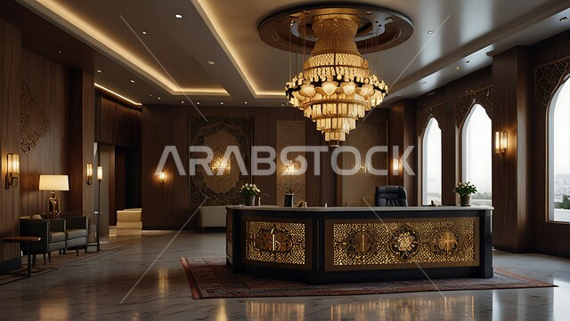 ردهة و مدخل استقبال بتصميم فاخر في إحدى الفنادق، الديكورات الداخلية و التصاميم الراقية للمنتجعات الفاخرة في المملكة العربية السعودية، الإنارة و الأضواء المتميزة, الديكور الراقي على الطراز الحديث