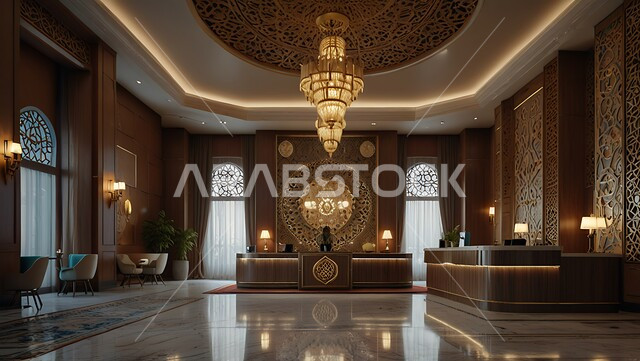 الإنارة و الأضواء المتميزة, الديكور الراقي على الطراز الحديث, ردهة و مدخل استقبال بتصميم فاخر في إحدى الفنادق, الديكورات الداخلية و التصاميم الراقية للمنتجعات الفاخرة في المملكة العربية السعودية