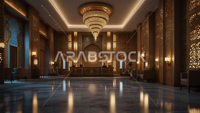 الإنارة و الأضواء المتميزة, الديكور الراقي على الطراز الحديث, ردهة و مدخل استقبال بتصميم فاخر في إحدى الفنادق, الديكورات الداخلية و التصاميم الراقية للمنتجعات الفاخرة في المملكة العربية السعودية