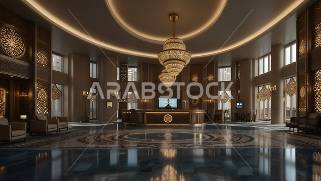 الديكورات الداخلية و التصاميم الراقية للمنتجعات الفاخرة في المملكة العربية السعودية، الإنارة و الأضواء المتميزة, الديكور الراقي على الطراز الحديث, ردهة و مدخل استقبال بتصميم فاخر في إحدى الفنادق