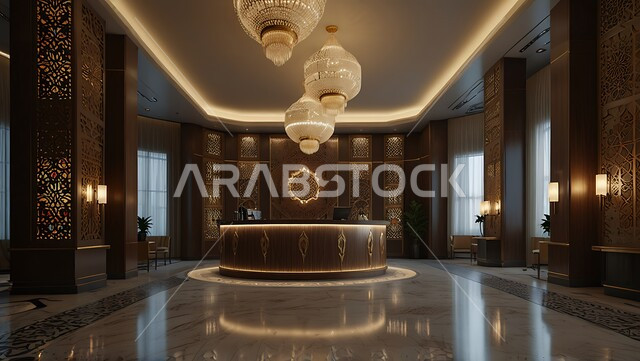 ردهة و مدخل استقبال بتصميم فاخر في إحدى الفنادق، الديكورات الداخلية و التصاميم الراقية للمنتجعات الفاخرة في المملكة العربية السعودية، الإنارة و الأضواء المتميزة, الديكور الراقي على الطراز الحديث